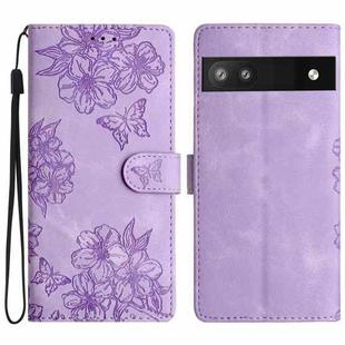 For Google Pixel 7a Cherry Blossom Butterfly Skin Feel Embossed PU Phone Case(Purple)