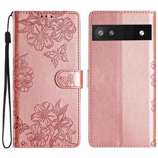 For Google Pixel 7a Cherry Blossom Butterfly Skin Feel Embossed PU Phone Case(Rose Gold)