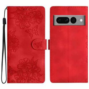 For Google Pixel 7 Pro 5G Cherry Blossom Butterfly Skin Feel Embossed PU Phone Case(Red)