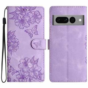 For Google Pixel 7 Pro 5G Cherry Blossom Butterfly Skin Feel Embossed PU Phone Case(Purple)