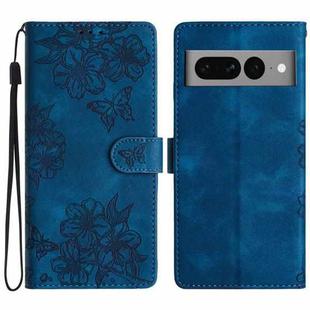 For Google Pixel 7 Pro 5G Cherry Blossom Butterfly Skin Feel Embossed PU Phone Case(Blue)