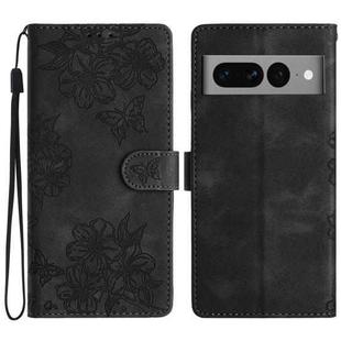 For Google Pixel 7 Pro 5G Cherry Blossom Butterfly Skin Feel Embossed PU Phone Case(Black)