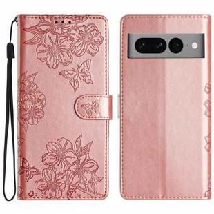 For Google Pixel 7 Pro 5G Cherry Blossom Butterfly Skin Feel Embossed PU Phone Case(Rose Gold)