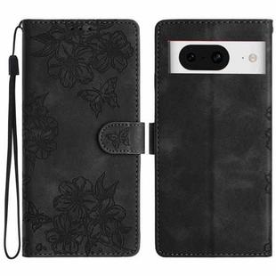 For Google Pixel 8 Cherry Blossom Butterfly Skin Feel Embossed PU Phone Case(Black)