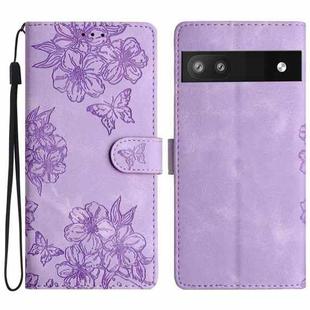 For Google Pixel 8a Cherry Blossom Butterfly Skin Feel Embossed PU Phone Case(Purple)