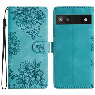 For Google Pixel 8a Cherry Blossom Butterfly Skin Feel Embossed PU Phone Case(Green)