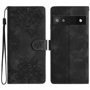 For Google Pixel 8a Cherry Blossom Butterfly Skin Feel Embossed PU Phone Case(Black)