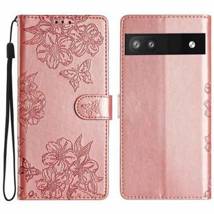 For Google Pixel 8a Cherry Blossom Butterfly Skin Feel Embossed PU Phone Case(Rose Gold)