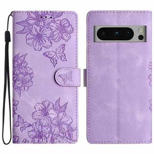 For Google Pixel 8 Pro Cherry Blossom Butterfly Skin Feel Embossed PU Phone Case(Purple)