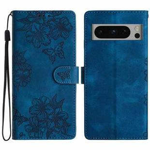 For Google Pixel 8 Pro Cherry Blossom Butterfly Skin Feel Embossed PU Phone Case(Blue)