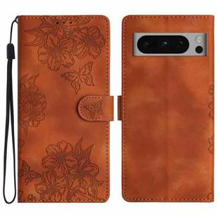 For Google Pixel 8 Pro Cherry Blossom Butterfly Skin Feel Embossed PU Phone Case(Brown)