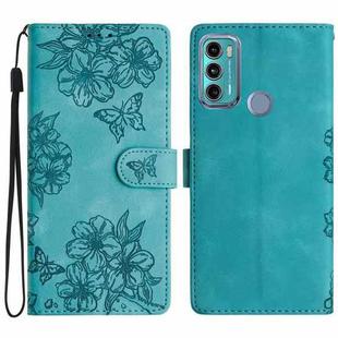 For Motorola Moto G60 4G Cherry Blossom Butterfly Skin Feel Embossed PU Phone Case(Green)