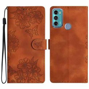 For Motorola Moto G60 4G Cherry Blossom Butterfly Skin Feel Embossed PU Phone Case(Brown)