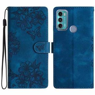 For Motorola Moto G40 Fusion Cherry Blossom Butterfly Skin Feel Embossed PU Phone Case(Blue)