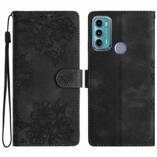 For Motorola Moto G40 Fusion Cherry Blossom Butterfly Skin Feel Embossed PU Phone Case(Black)