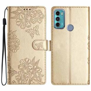 For Motorola Moto G40 Fusion Cherry Blossom Butterfly Skin Feel Embossed PU Phone Case(Gold)