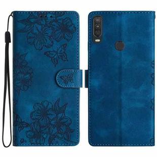 For Motorola One Action Cherry Blossom Butterfly Skin Feel Embossed PU Phone Case(Blue)