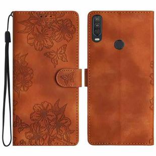 For Motorola One Action Cherry Blossom Butterfly Skin Feel Embossed PU Phone Case(Brown)