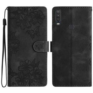 For Motorola One Action Cherry Blossom Butterfly Skin Feel Embossed PU Phone Case(Black)