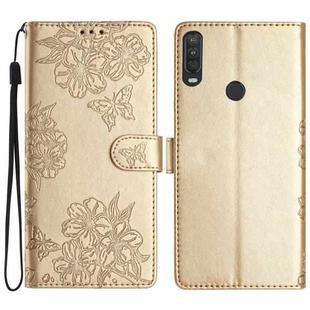 For Motorola One Action Cherry Blossom Butterfly Skin Feel Embossed PU Phone Case(Gold)