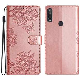 For Motorola One Action Cherry Blossom Butterfly Skin Feel Embossed PU Phone Case(Rose Gold)