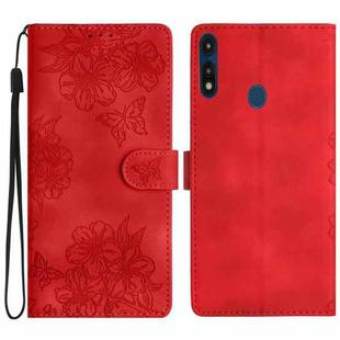 For Motorola Moto E 2020 Cherry Blossom Butterfly Skin Feel Embossed PU Phone Case(Red)