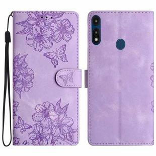 For Motorola Moto E 2020 Cherry Blossom Butterfly Skin Feel Embossed PU Phone Case(Purple)