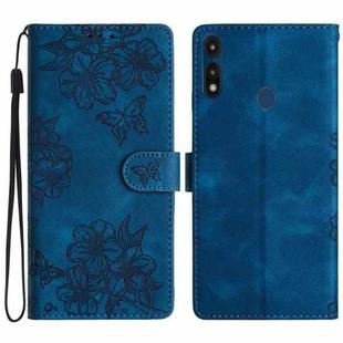For Motorola Moto E 2020 Cherry Blossom Butterfly Skin Feel Embossed PU Phone Case(Blue)