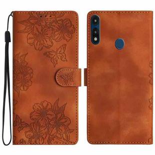 For Motorola Moto E 2020 Cherry Blossom Butterfly Skin Feel Embossed PU Phone Case(Brown)
