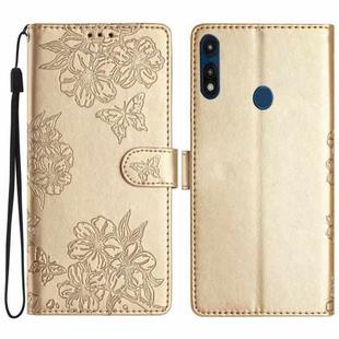 For Motorola Moto E 2020 Cherry Blossom Butterfly Skin Feel Embossed PU Phone Case(Gold)