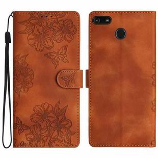 For Motorola Moto E6 Play Cherry Blossom Butterfly Skin Feel Embossed PU Phone Case(Brown)