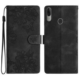 For Motorola Moto E6 Plus Cherry Blossom Butterfly Skin Feel Embossed PU Phone Case(Black)