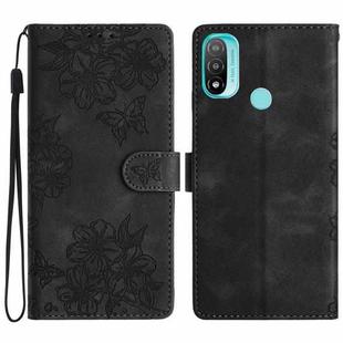 For Motorola Moto E20 / E30 / E40 Cherry Blossom Butterfly Skin Feel Embossed PU Phone Case(Black)