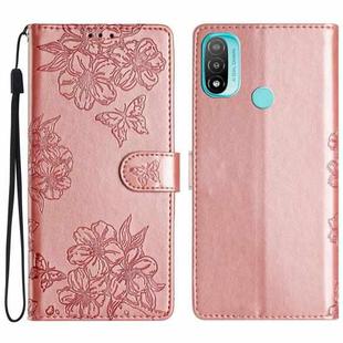 For Motorola Moto E20 / E30 / E40 Cherry Blossom Butterfly Skin Feel Embossed PU Phone Case(Rose Gold)