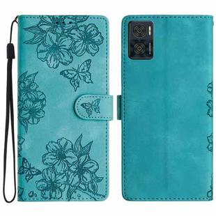 For Motorola Moto E22 Cherry Blossom Butterfly Skin Feel Embossed PU Phone Case(Green)