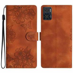 For Motorola Moto E22 Cherry Blossom Butterfly Skin Feel Embossed PU Phone Case(Brown)