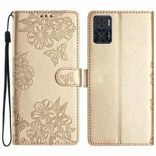 For Motorola Moto E22 Cherry Blossom Butterfly Skin Feel Embossed PU Phone Case(Gold)