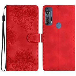 For Motorola Edge+ 2020 Cherry Blossom Butterfly Skin Feel Embossed PU Phone Case(Red)