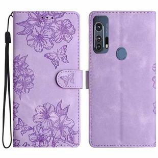 For Motorola Edge+ 2020 Cherry Blossom Butterfly Skin Feel Embossed PU Phone Case(Purple)