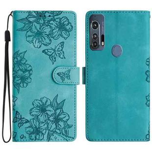 For Motorola Edge+ 2020 Cherry Blossom Butterfly Skin Feel Embossed PU Phone Case(Green)