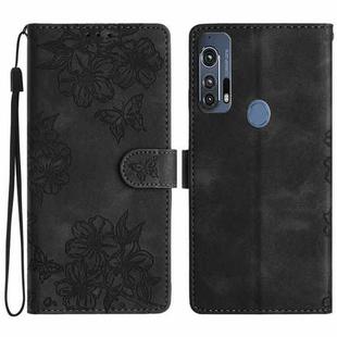 For Motorola Edge+ 2020 Cherry Blossom Butterfly Skin Feel Embossed PU Phone Case(Black)