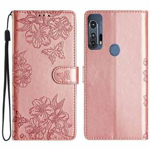 For Motorola Edge+ 2020 Cherry Blossom Butterfly Skin Feel Embossed PU Phone Case(Rose Gold)