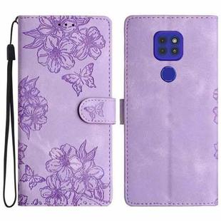 For Motorola Moto G9 / G9 Play Cherry Blossom Butterfly Skin Feel Embossed PU Phone Case(Purple)