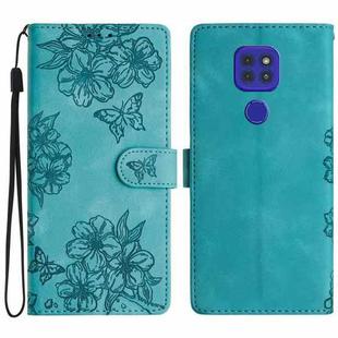 For Motorola Moto G9 / G9 Play Cherry Blossom Butterfly Skin Feel Embossed PU Phone Case(Green)