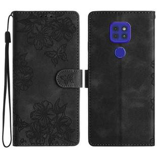 For Motorola Moto G9 / G9 Play Cherry Blossom Butterfly Skin Feel Embossed PU Phone Case(Black)