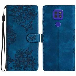 For Motorola Moto E7 Plus Cherry Blossom Butterfly Skin Feel Embossed PU Phone Case(Blue)