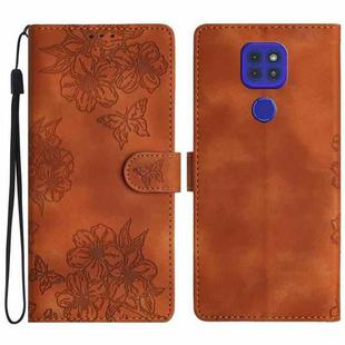 For Motorola Moto E7 Plus Cherry Blossom Butterfly Skin Feel Embossed PU Phone Case(Brown)