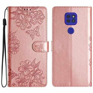 For Motorola Moto E7 Plus Cherry Blossom Butterfly Skin Feel Embossed PU Phone Case(Rose Gold)