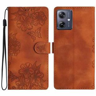 For Motorola Moto G14 4G Cherry Blossom Butterfly Skin Feel Embossed PU Phone Case(Brown)
