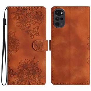 For Motorola Moto G22 Cherry Blossom Butterfly Skin Feel Embossed PU Phone Case(Brown)
